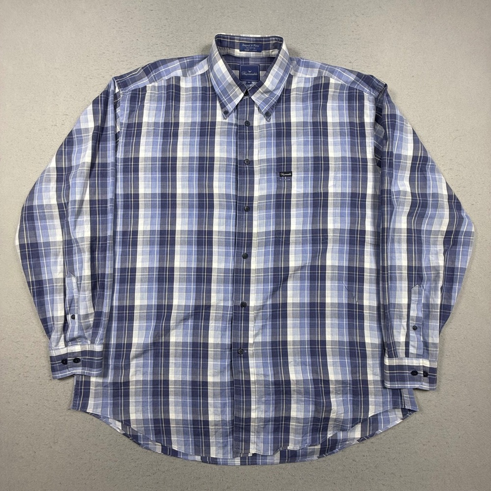 Faconnable Mens XL Blue Plaid Long Sleeve Button Down Cotton Shirt Made in USA